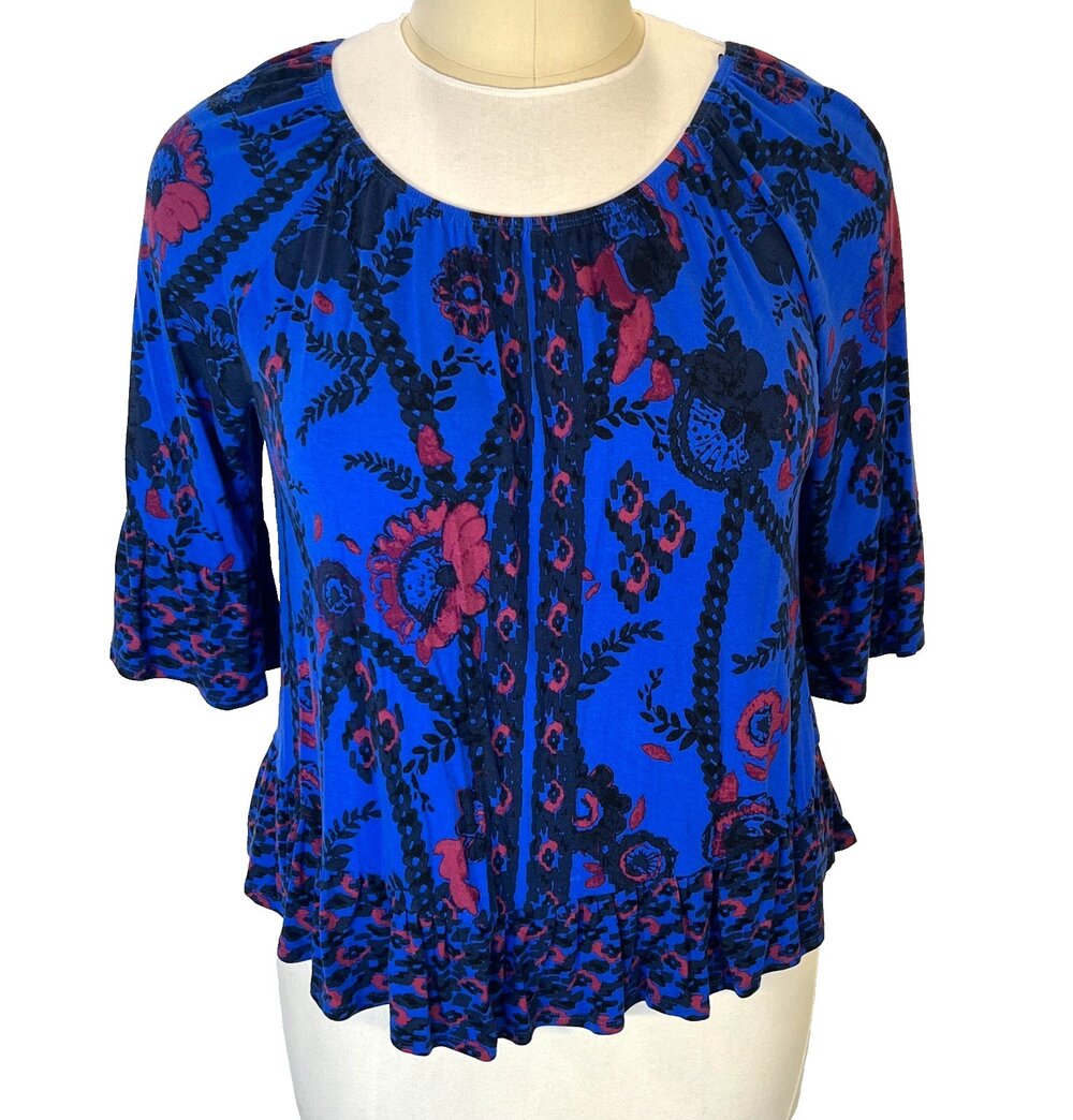 Style & Co Blouse Womens XL Fits to 1X Jewel Tone Blue Peasant Top Babydoll